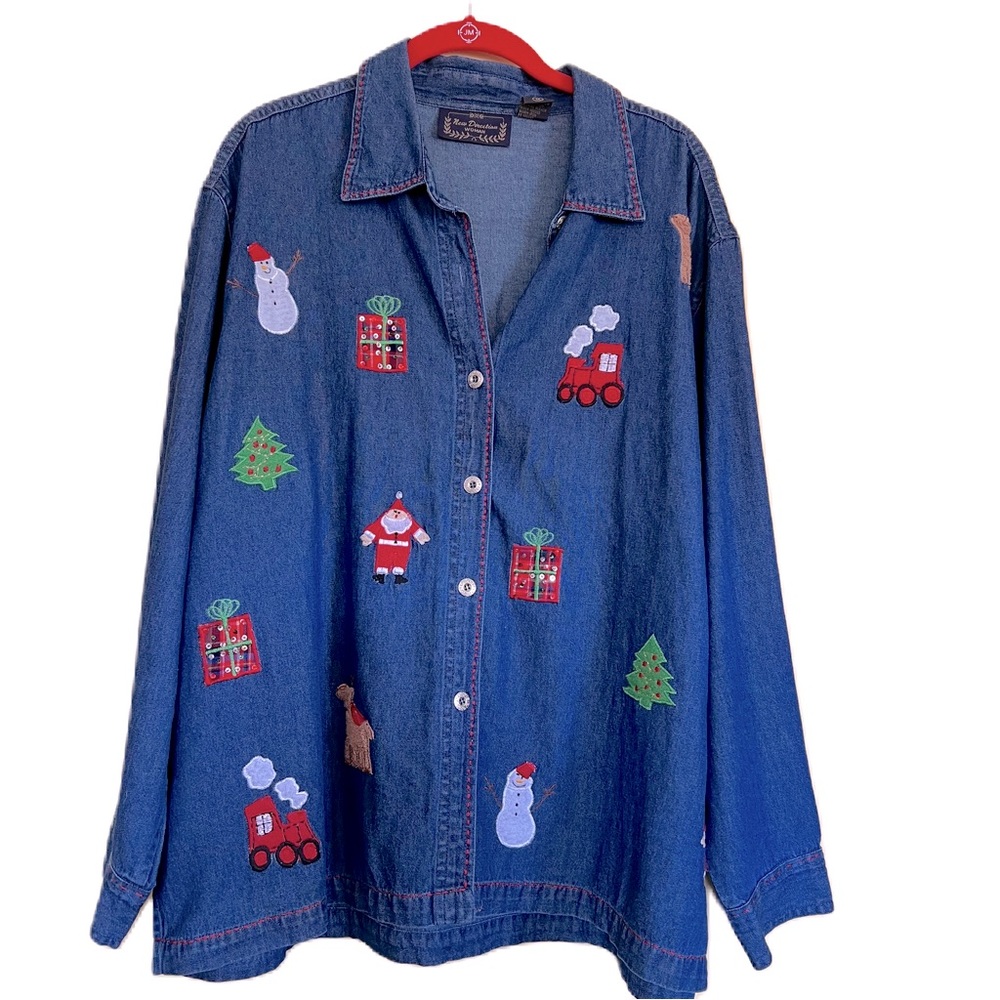 Womens Sz 1X Holiday Embroidered Button‎ Down Denim Shirt Top New Direction